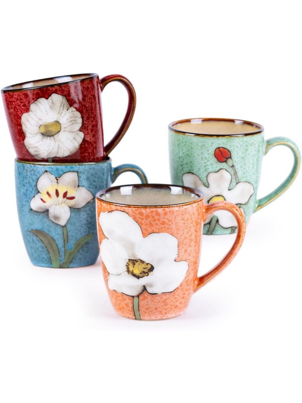 Hand-Painted Floral Stoneware Coffee Mugs Set of 4, 12oz, Dishwasher & Microwave